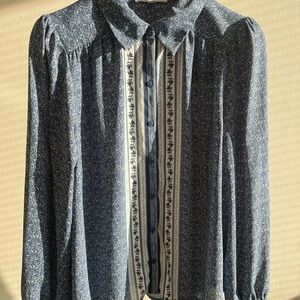 Blue sheer floral blouse, size M